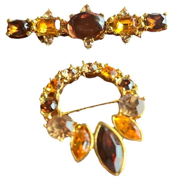 Lia Wreath Bar Brooch Pin G old Tone Lot Red Yellow Rhinestone Matching Gift Set - Picture 4 of 13